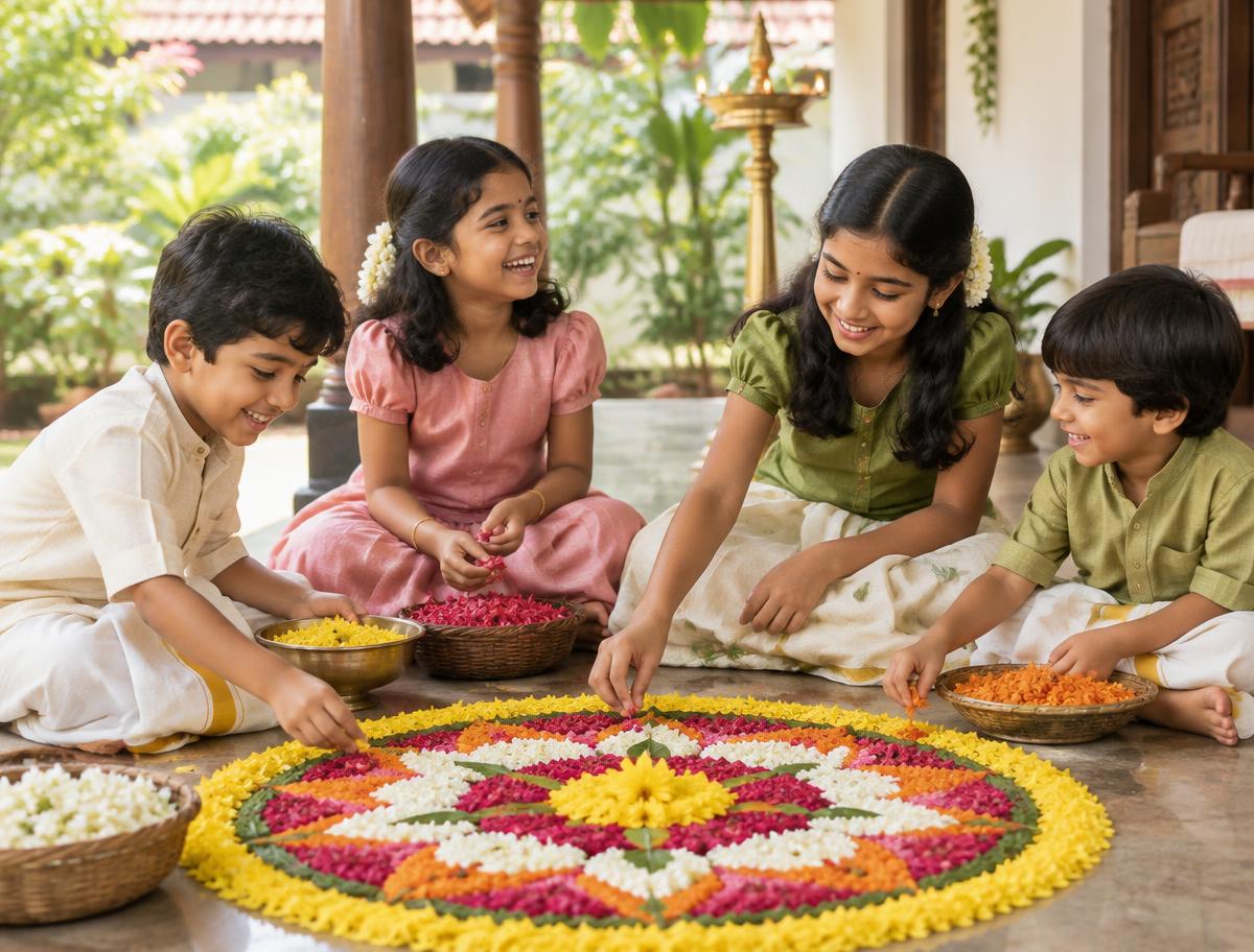 Indian children making a flower pookalam in Kerala outfits